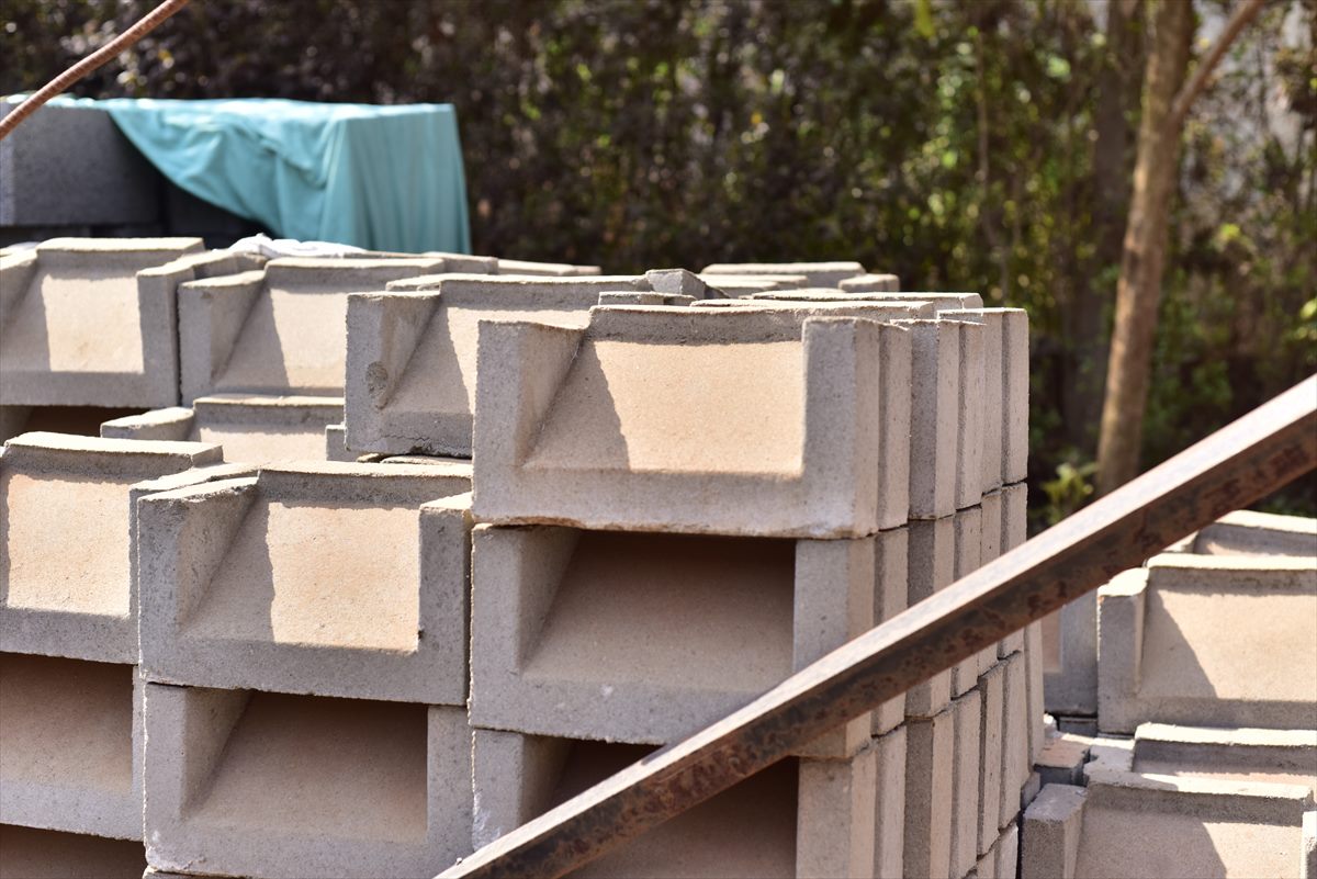 Stacked BOKSWA concrete louver blocks in the production yard