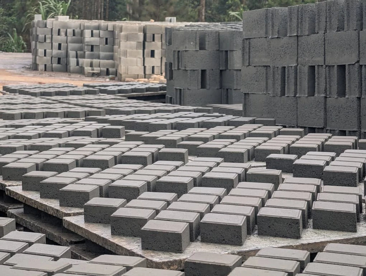 BOKSWA concrete pavers curing in rows across the production yard